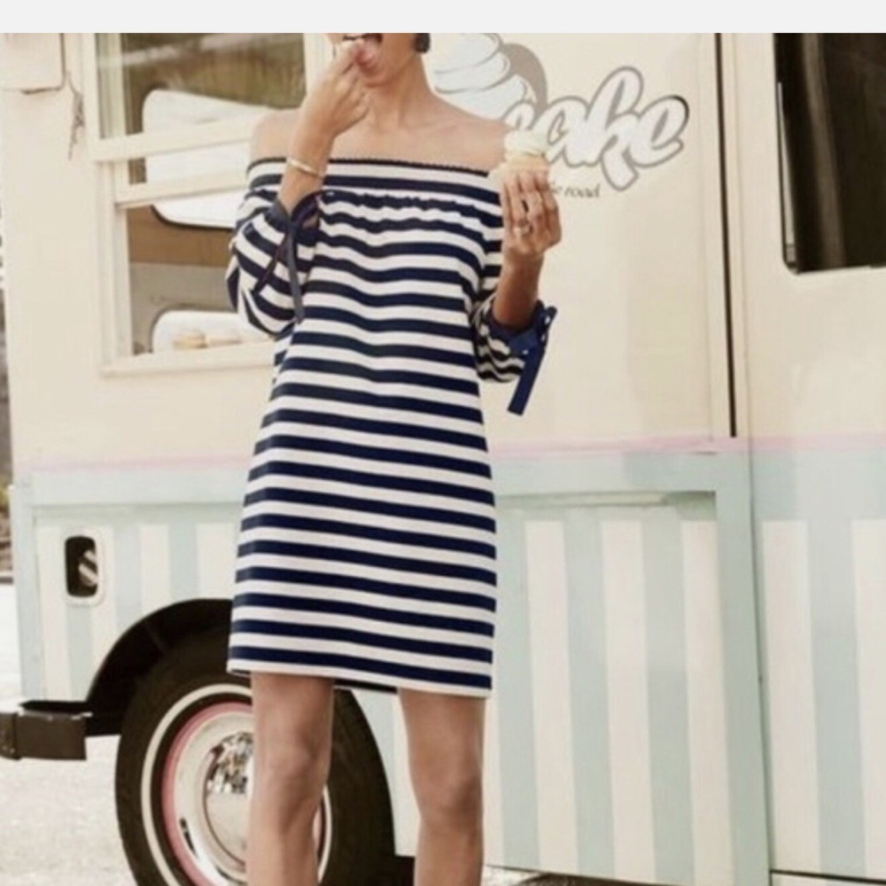 J Crew striped off the shoulder dress. Size medium. NWT